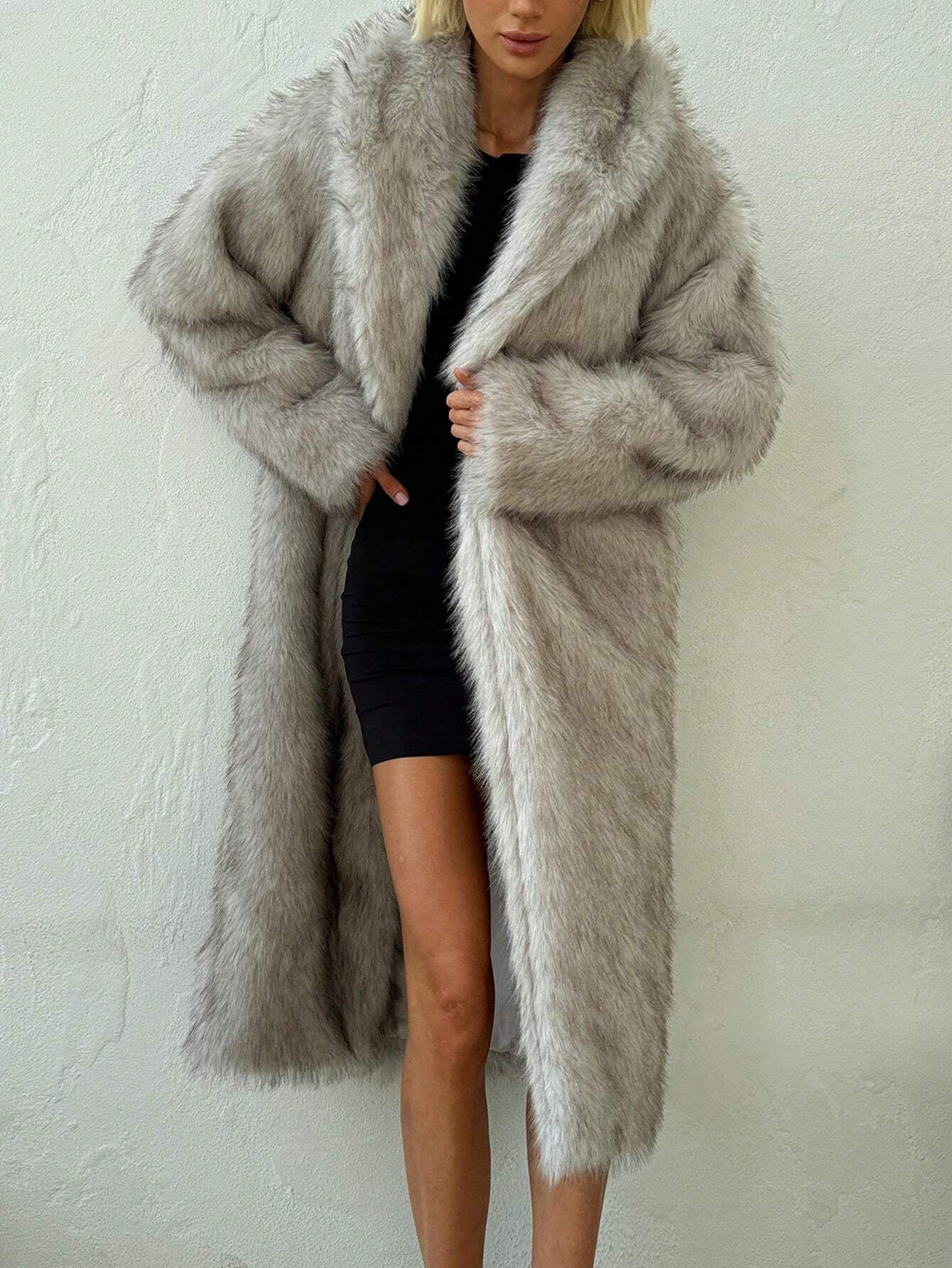 Firerie Autumn/Winter New Warm Elegant Party Date Meeting Sexy Lapel Long Fluffy Coat, High-End Designbusiness , Casual, Casual, Faux Fur, Plush, Long Sleeve
