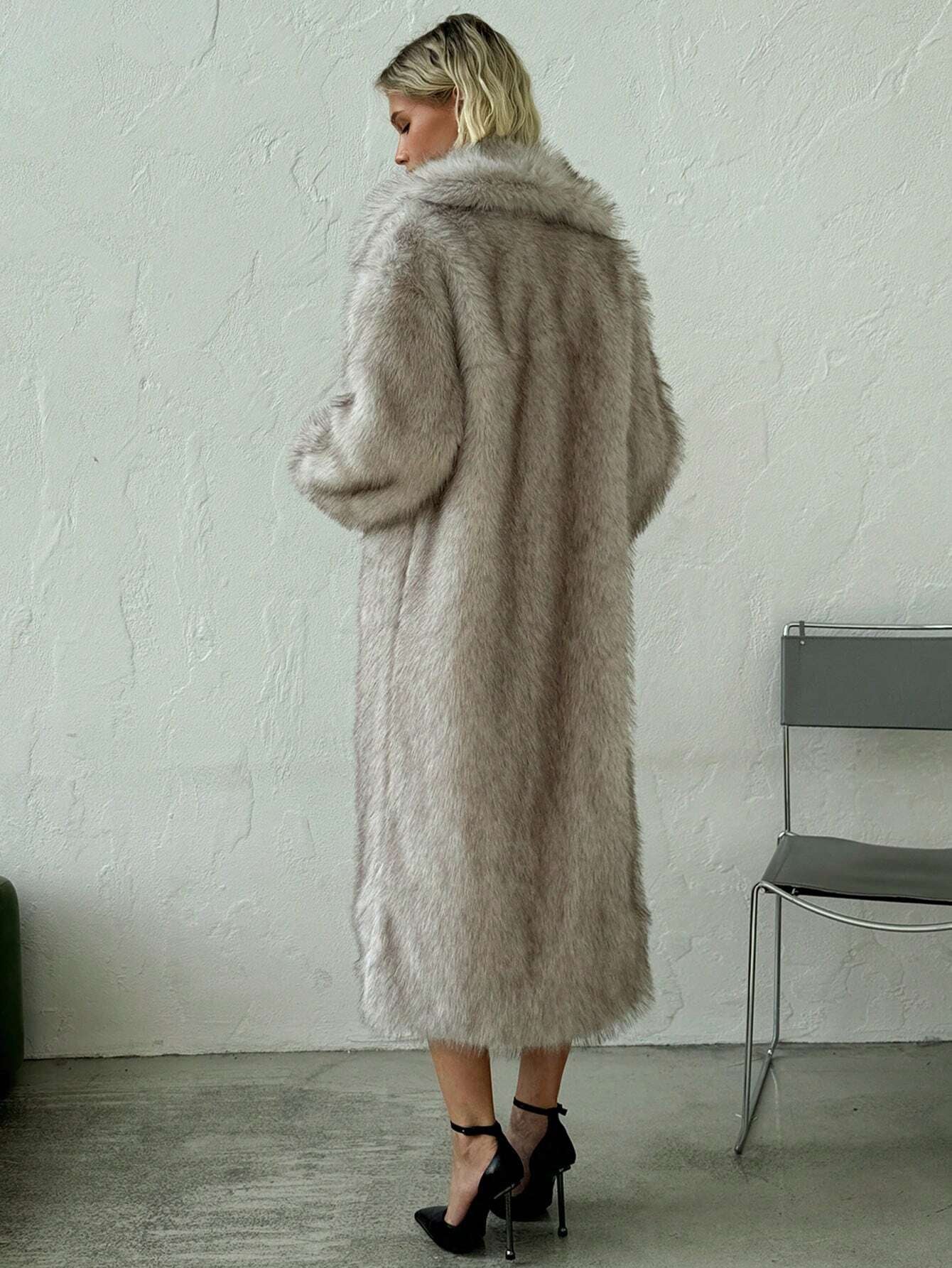 Firerie Autumn/Winter New Warm Elegant Party Date Meeting Sexy Lapel Long Fluffy Coat, High-End Designbusiness , Casual, Casual, Faux Fur, Plush, Long Sleeve