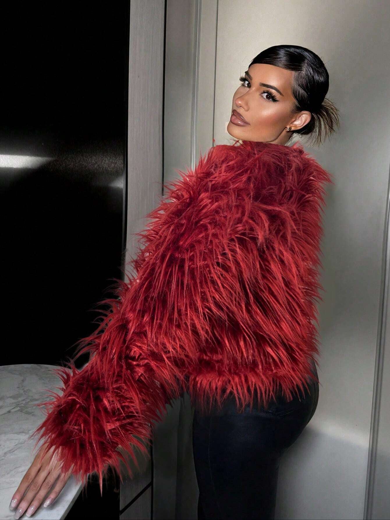 SXY Solid Color Luxurious Long Sleeve Fluffy Coat for Winter