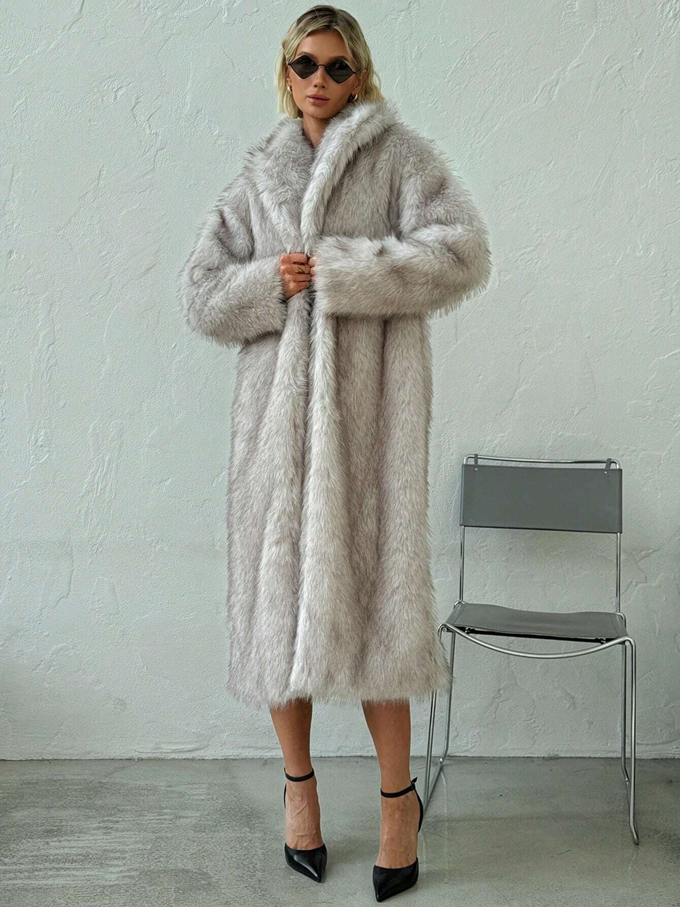 Firerie Autumn/Winter New Warm Elegant Party Date Meeting Sexy Lapel Long Fluffy Coat, High-End Designbusiness , Casual, Casual, Faux Fur, Plush, Long Sleeve