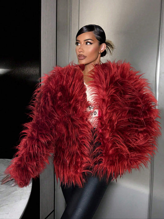 SXY Solid Color Luxurious Long Sleeve Fluffy Coat for Winter