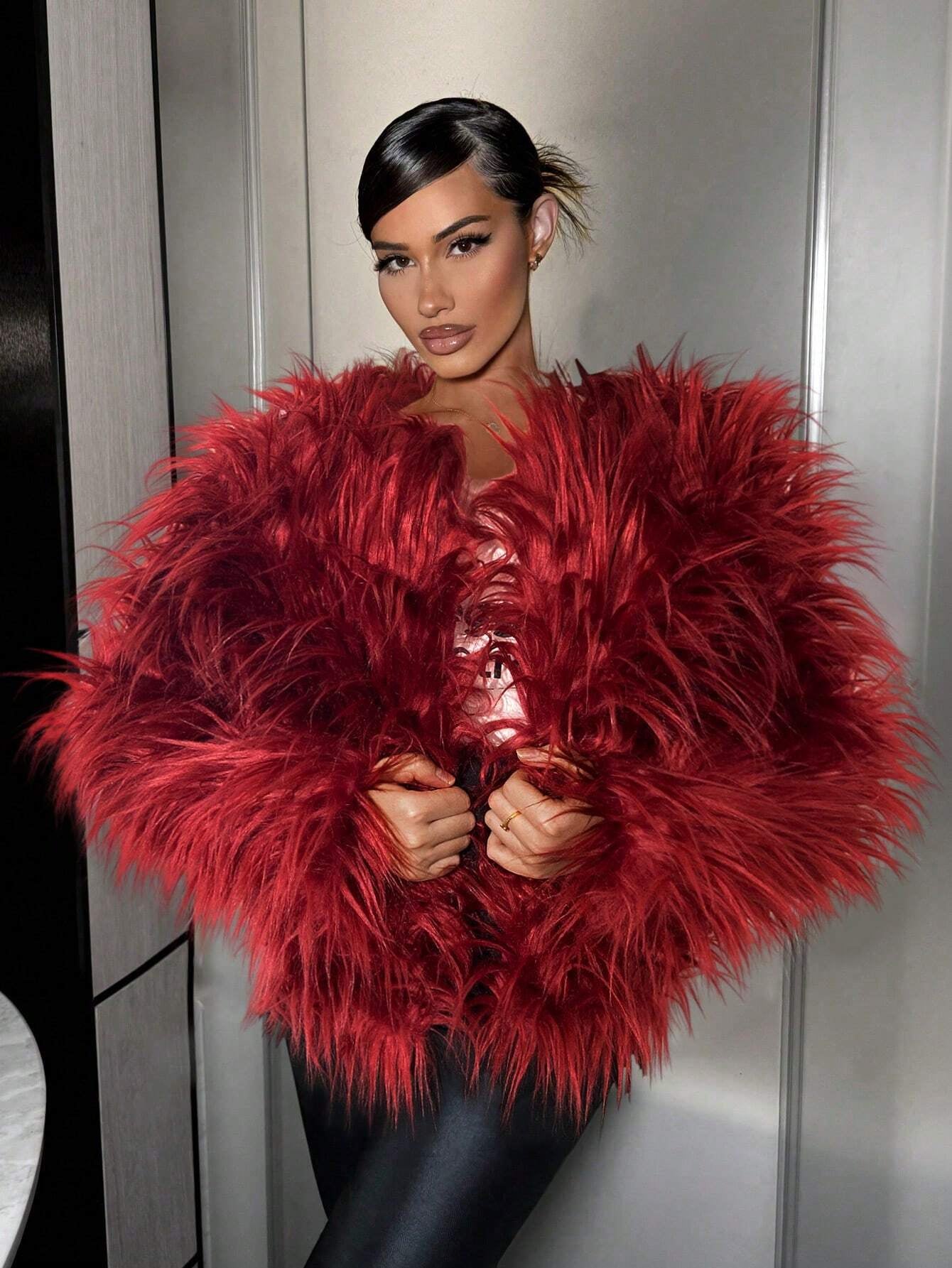 SXY Solid Color Luxurious Long Sleeve Fluffy Coat for Winter