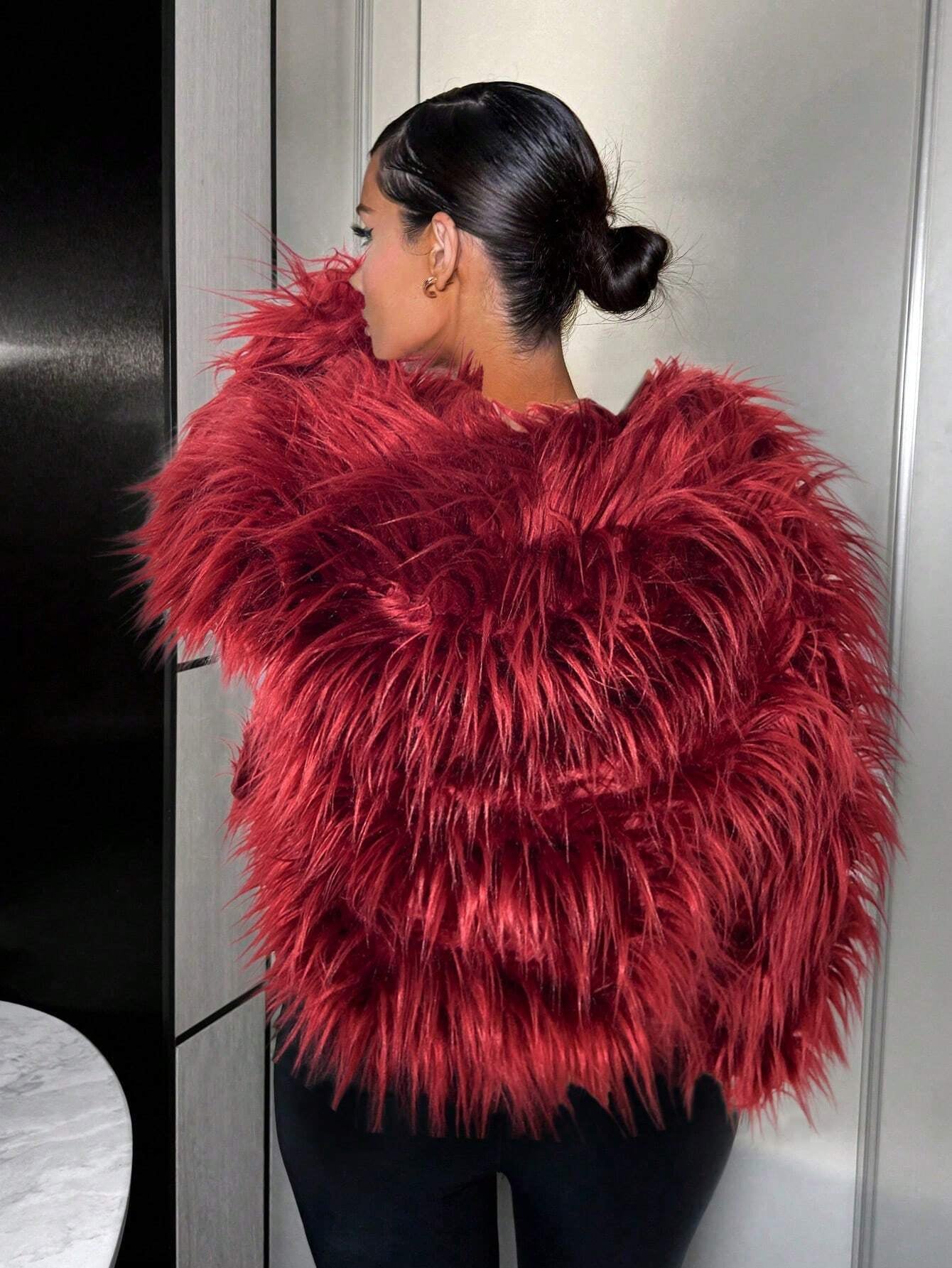 SXY Solid Color Luxurious Long Sleeve Fluffy Coat for Winter